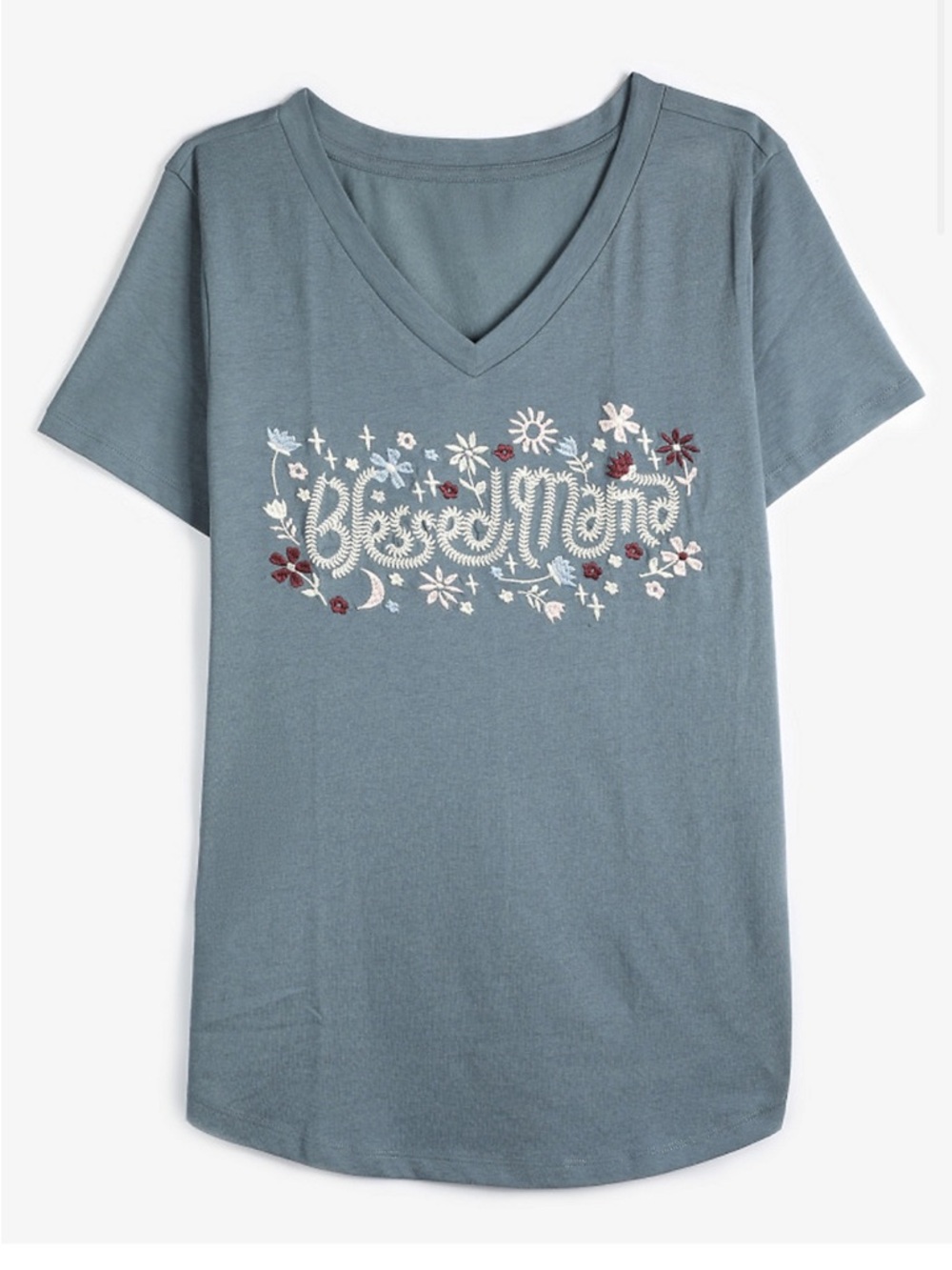 Maurices Blessed Mama Embroidered V-Neck Tee Slate Blue XXL
